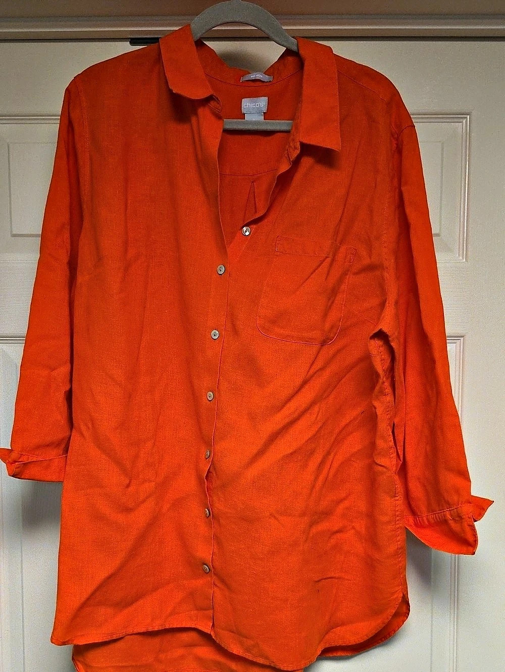 Chico's No Iron Linen Tunic Button Down Shirt Orange Size 4